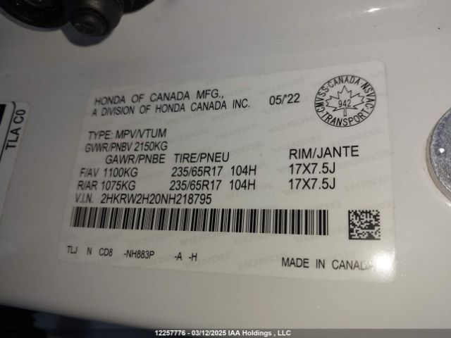 2HKRW2H20NH218795 Honda l15be