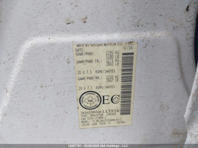 5N1AZ2MH3GN113956 Nissan Murano S/sl/sv/platinum