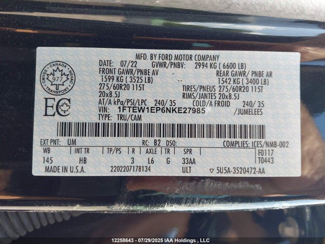Ford 2.7l-4v 2022 1FTEW1EP6NKE27985 Image 9