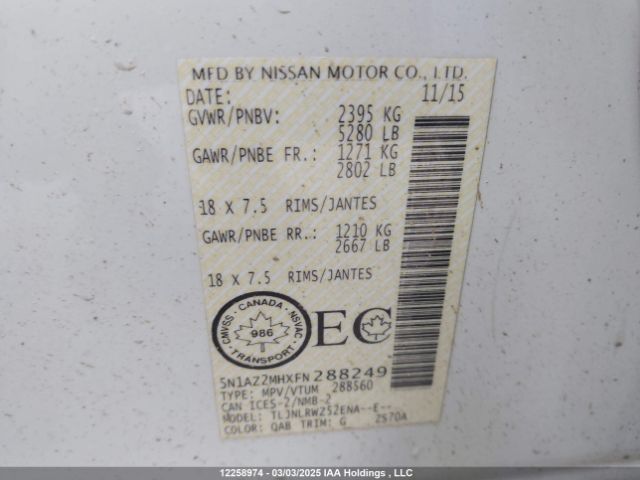 5N1AZ2MHXFN288249 Nissan Murano S/sl/sv/platinum