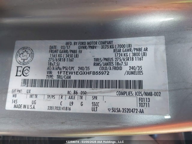 12259074 :رقم المزاد ، 1FTEW1EGXHFB55972 vin ، 2017 Ford F-150 Xlt مزاد بيع