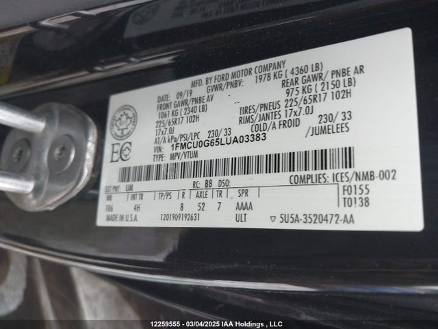 Продаж на аукціоні авто 2020 Ford Escape Se, vin: 1FMCU0G65LUA03383, номер лоту: 12259555