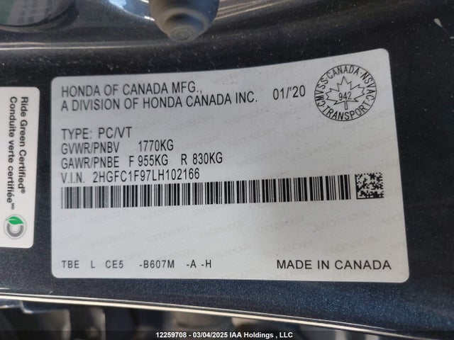 Honda l15b7 2020 2HGFC1F97LH102166 Image 9