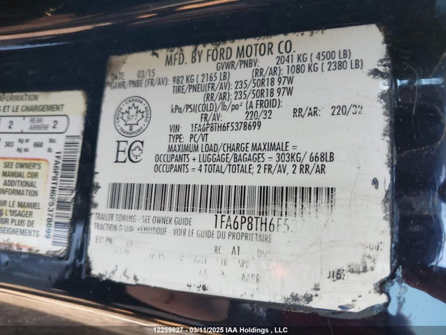 12259827 :رقم المزاد ، 1FA6P8TH6F5378699 vin ، 2015 Ford Mustang مزاد بيع