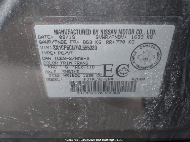 Nissan Kicks 2019 3N1CP5CU7KL555380 Image 9