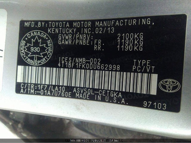 Продаж на аукціоні авто 2013 Toyota Camry L/le/se/xle, vin: 4T1BF1FK0DU662998, номер лоту: 12261770