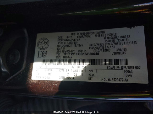 Ford 3.3l tivct 2019 1FTEW1EB6KKF20649 Image 9