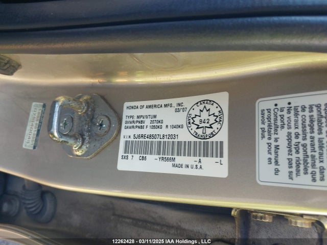 Aukcja sprzedaży 2007 Honda Cr-v Ex, vin: 5J6RE48507L812031, numer aukcji: 12262428
