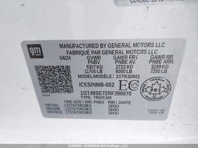 Aukcja sprzedaży 2024 Gmc Sierra K3500, vin: 1GT49SE72RF396970, numer aukcji: 12262603