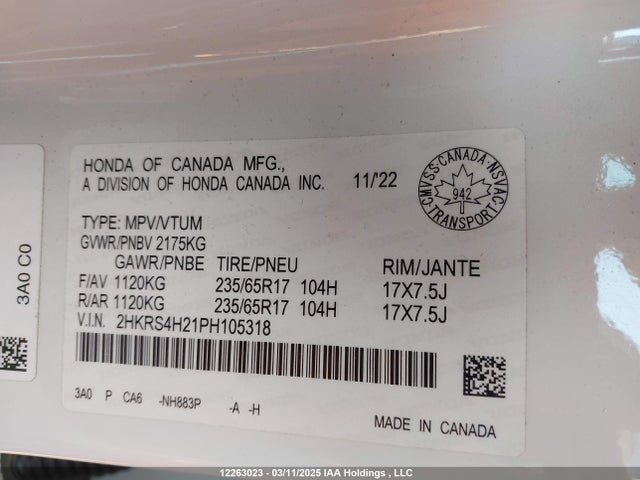 2HKRS4H21PH105318 Honda l15be
