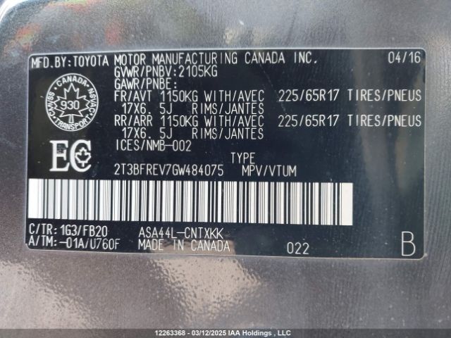 2T3BFREV7GW484075 Toyota 2ar-fe