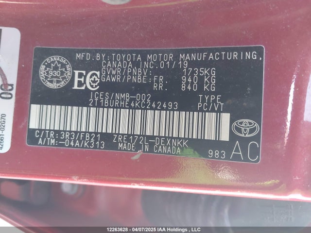 2T1BURHE4KC242493 Toyota 2zr-fe