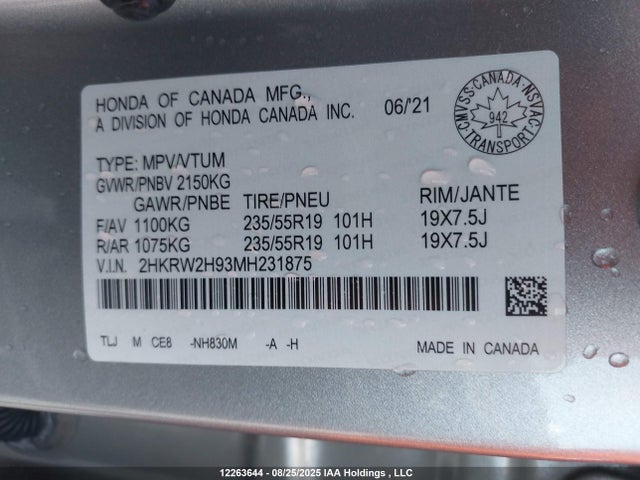 2HKRW2H93MH231875 Honda Cr-v Touring