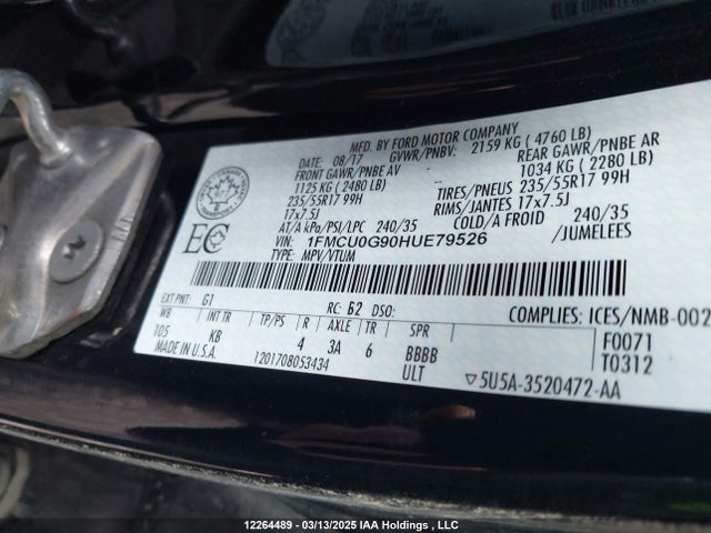 12264489 :رقم المزاد ، 1FMCU0G90HUE79526 vin ، 2017 Ford Escape Se مزاد بيع
