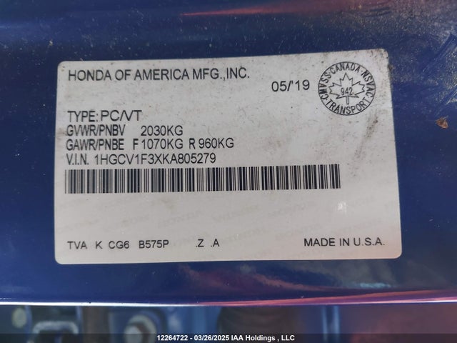 Honda l15be 2019 1HGCV1F3XKA805279 Image 9