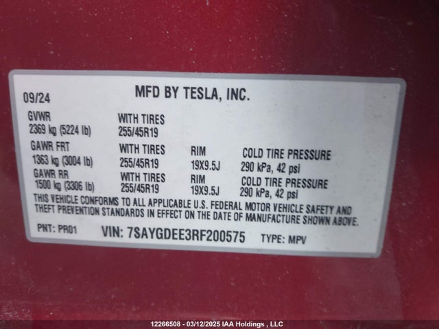 7SAYGDEE3RF200575 Tesla Model Y