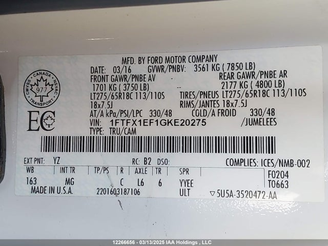 1FTFX1EF1GKE20275 Ford 2016