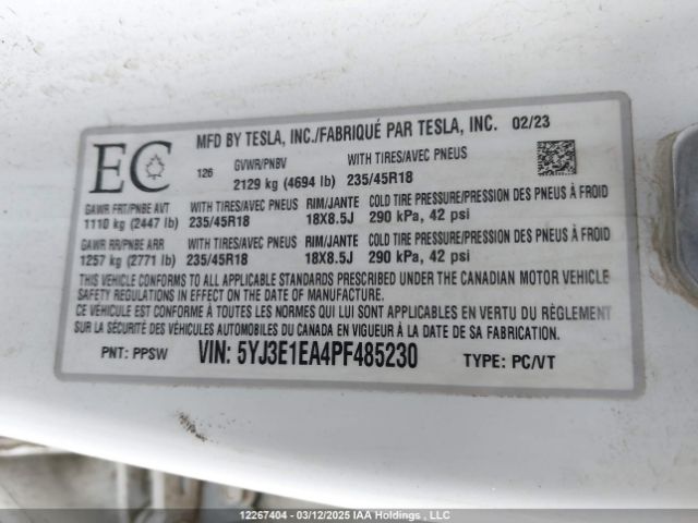 5YJ3E1EA4PF485230 Tesla MODEL 3