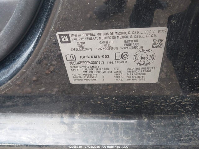 3GCUKREC9HG301702 Chevrolet l83 - sidi: spark ignited direct injection, vvt: variable valve timing, afm, e85 max, alum