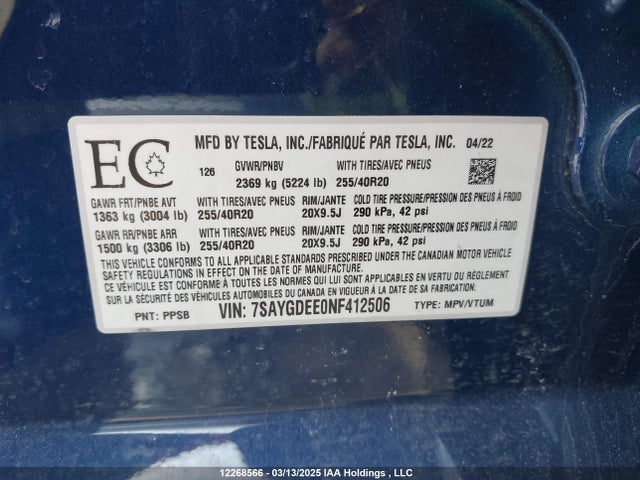 7SAYGDEE0NF412506 Tesla Model Y