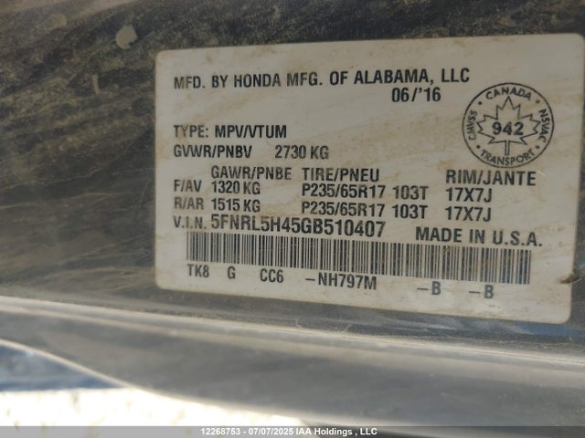 Honda j35z8 2016 5FNRL5H45GB510407 Image 9