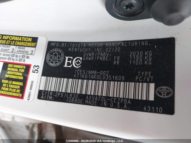 4T1K61AK0LU351609 Toyota a25a-fks