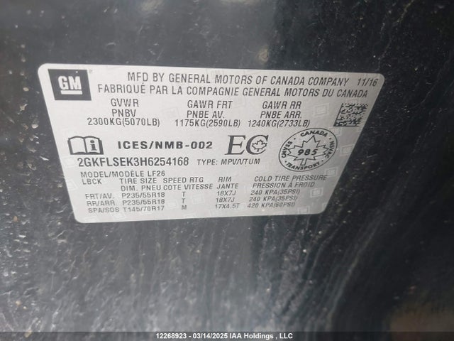 2GKFLSEK3H6254168 GMC lea - sidi: spark ignited direct injection, e85 max, alum