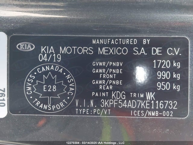 3KPF54AD7KE116732 KIA mpi nu