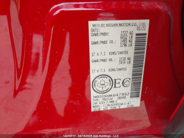 1N6ED1EKXNN647992 Nissan Frontier S/sv/pro-4x