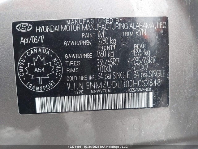 5NMZUDLB0JH052648 Hyundai gdi theta ii