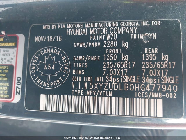 5XYZUDLB0HG477940 Hyundai gdi theta ii