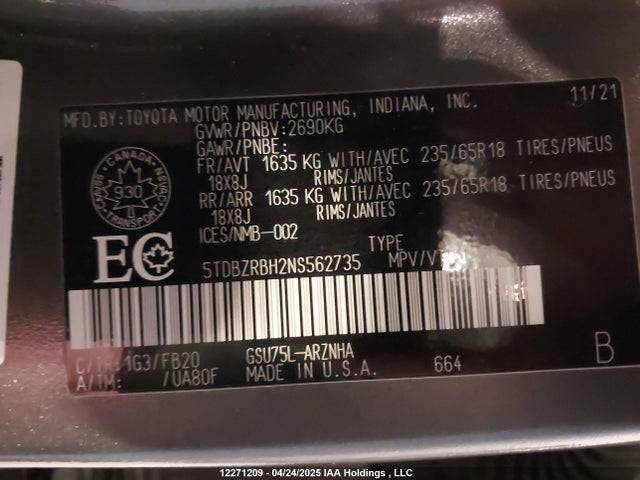 5TDBZRBH2NS562735 Toyota 2gr-fks