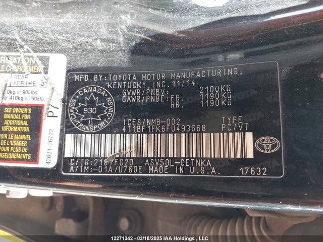 4T1BF1FK6FU493668 Toyota 2ar-fe
