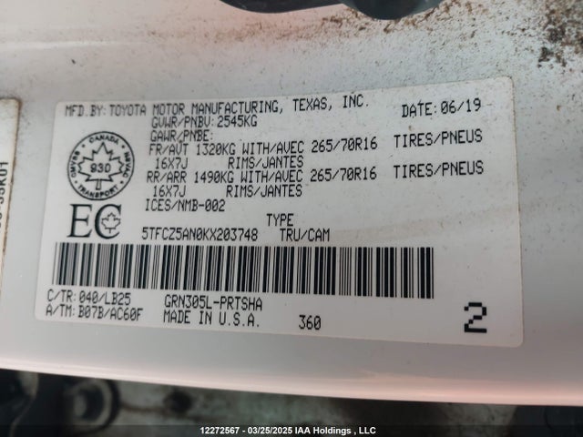 5TFCZ5AN0KX203748 Toyota 2gr-fks