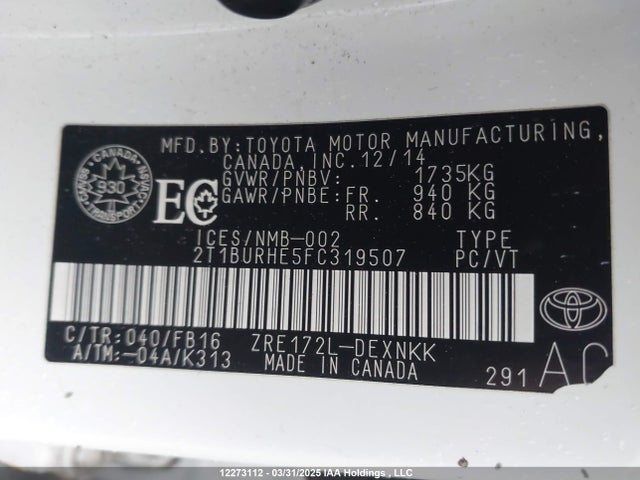 Aukcja sprzedaży 2015 Toyota Corolla L/le/le Pls/prm/s/s Pls, vin: 2T1BURHE5FC319507, numer aukcji: 12273112