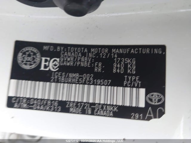 Aukcja sprzedaży 2015 Toyota Corolla L/le/le Pls/prm/s/s Pls, vin: 2T1BURHE5FC319507, numer aukcji: 12273112