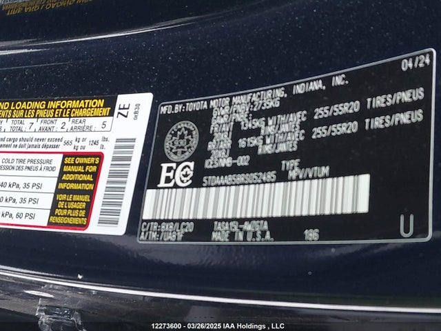 12273600 :رقم المزاد ، 5TDAAAB58RS052485 vin ، 2024 Toyota Grand Highlander مزاد بيع