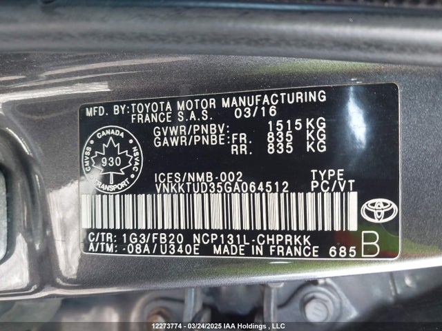VNKKTUD35GA064512 Toyota 1nz-fe
