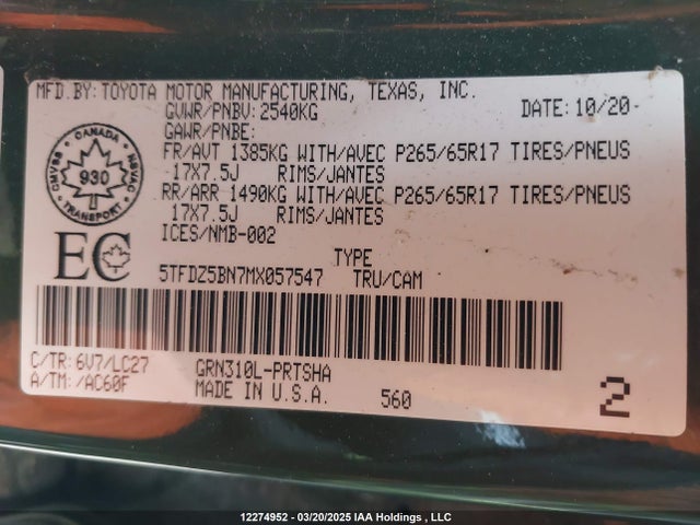 5TFDZ5BN7MX057547 Toyota 2gr-fks