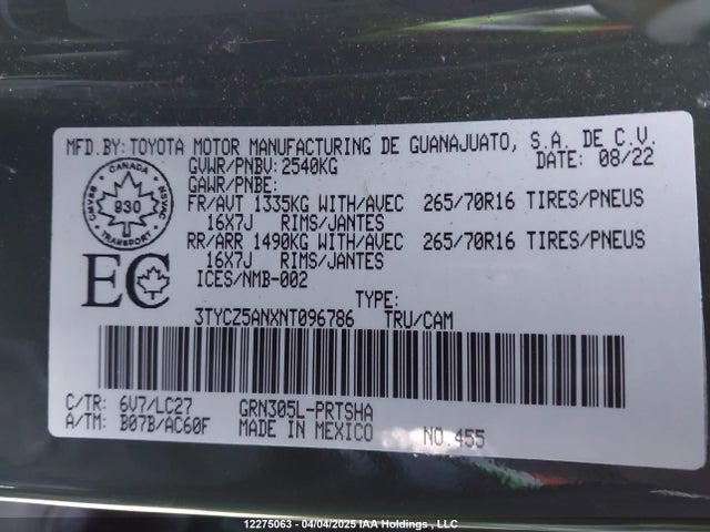 3TYCZ5ANXNT096786 Toyota Tacoma Double Cab/sr/sr5/trd Sport/trd Off Road/trd Pro
