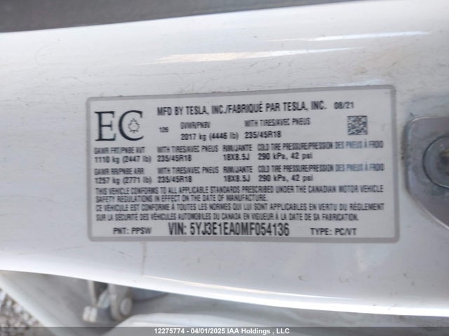 5YJ3E1EA0MF054136 Tesla Model 3 Standard Range/standard Range Plus