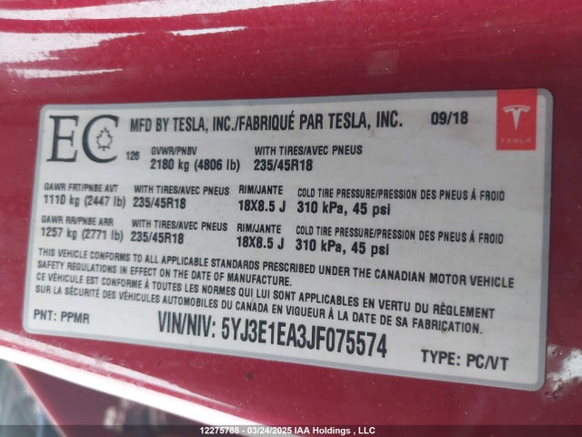 Tesla 2018 2018 5YJ3E1EA3JF075574 Image 18