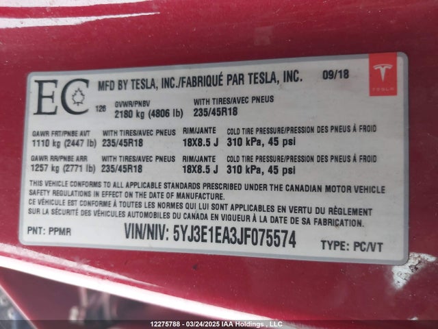 Tesla 2018 2018 5YJ3E1EA3JF075574 Image 9
