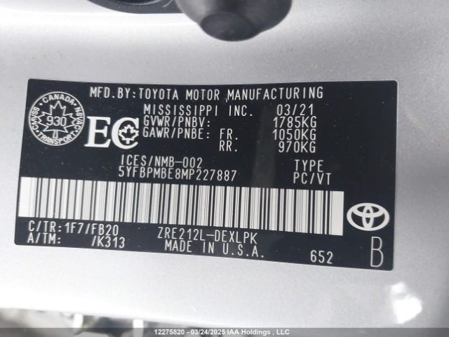 5YFBPMBE8MP227887 Toyota Corolla