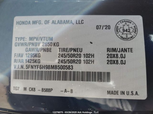 5FNYF6H98MB500583 Honda Pilot Touring