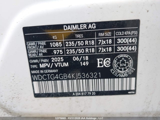 WDCTG4GB4KJ536321 Mercedes-Benz Gla 250 4matic