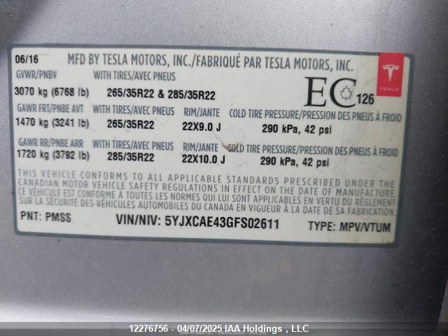 5YJXCAE43GFS02611 Tesla MODEL X