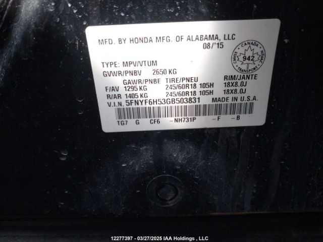 5FNYF6H53GB503831 Honda Pilot Ex-l