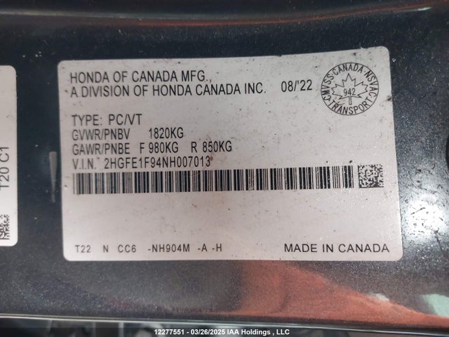 Honda l15b7 2022 2HGFE1F94NH007013 Image 24