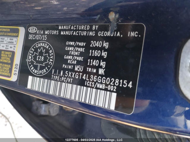 12277605 :رقم المزاد ، 5XXGT4L36GG028154 vin ، 2016 Kia Optima Lx مزاد بيع